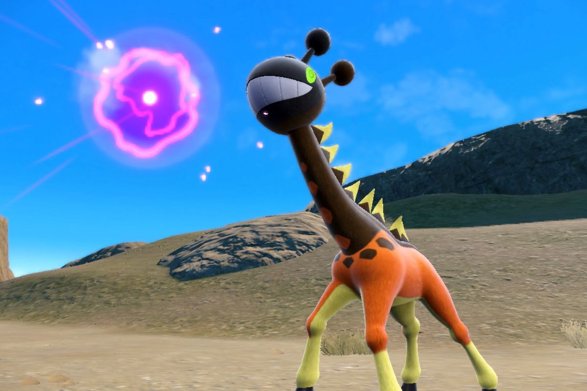 Farigiraf, a giraffe-like Pokémon, with a glowing purple orb.