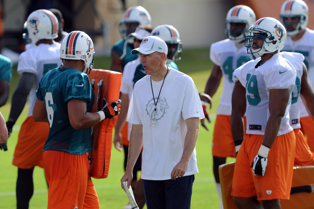 July 28 2012; Davie, FL, USA; Miami Dolphins head coach Joe Philbin (center) watches practice at the Dolphins training facility. Mandatory Credit: Steve Mitchell-US PRESSWIRE