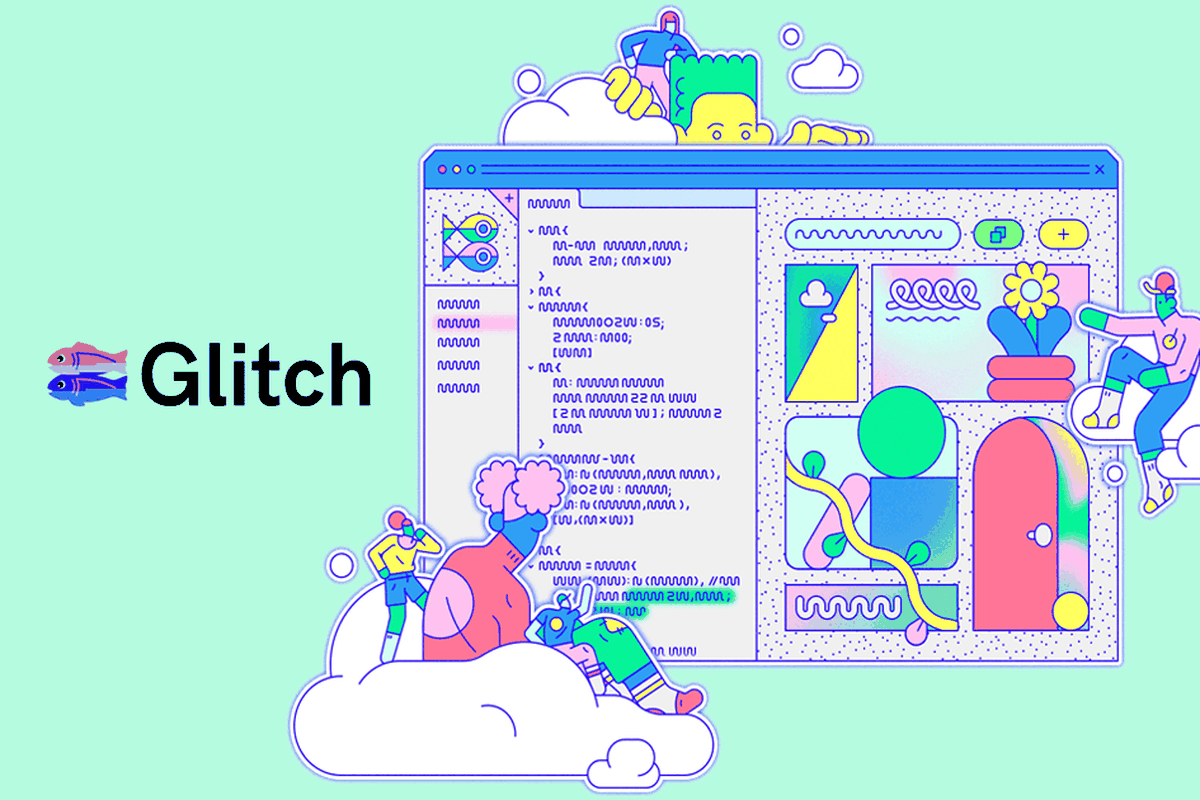 Glitch’s logo and artwork showing people floating on clouds and working on a webpage.