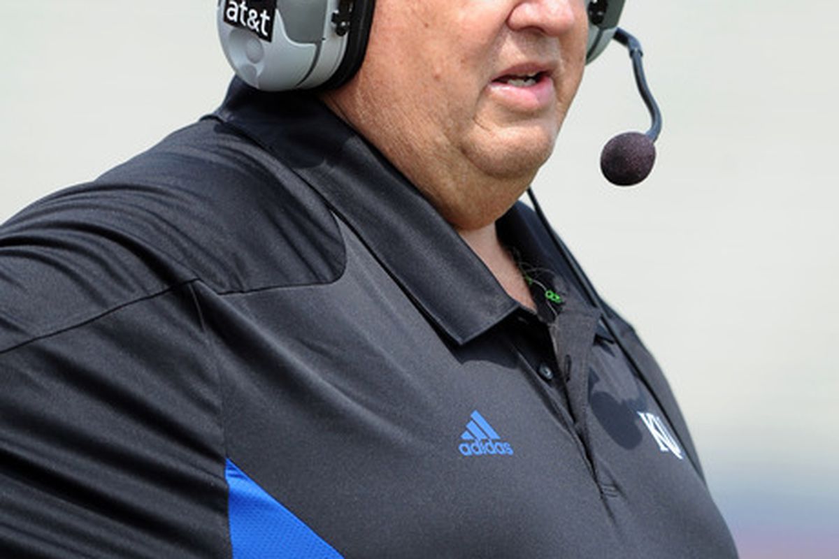 Apr 28, 2012; Lawrence, KS, USA; Kansas Jayhawks head coach Charlie Weis watches during the second half of the Spring Game at Memorial Stadium. Mandatory Credit: John Rieger-US PRESSWIRE