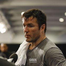 Chael Sonnen answers a question at Bellator workouts.
