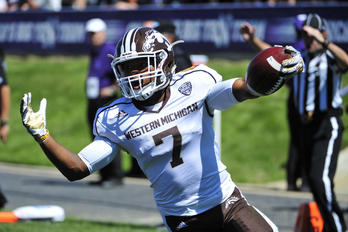 &nbsp;D’Wayne Eskridge #7 of the Western Michigan Broncos reacts after scoring a touchdown against the Northwestern Wildcats during the second half on September 3, 2016 at Ryan Field in Evanston, Illinois. the Western Michigan Broncos won 22-21.