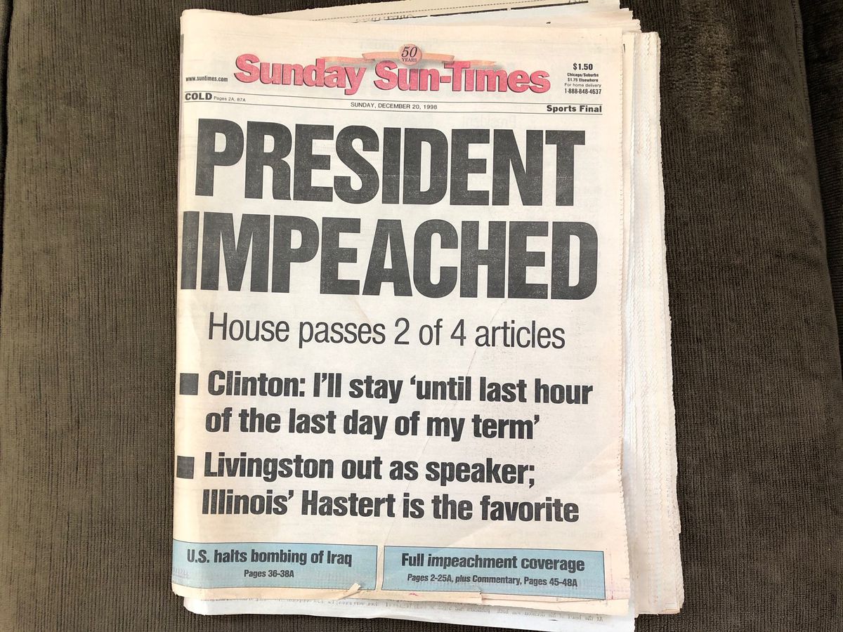 The front page of the Sun-Times on Sunday, Dec. 20, 1998 when Bill Clinton was impeached.