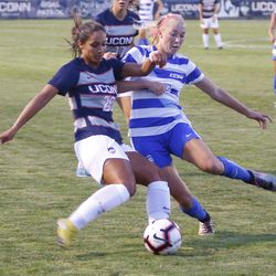 The CCSU Blue Devils take on the UConn Huskies in a women’s college soccer game at Morrone Stadium in Storrs, CT on August 23, 2018.