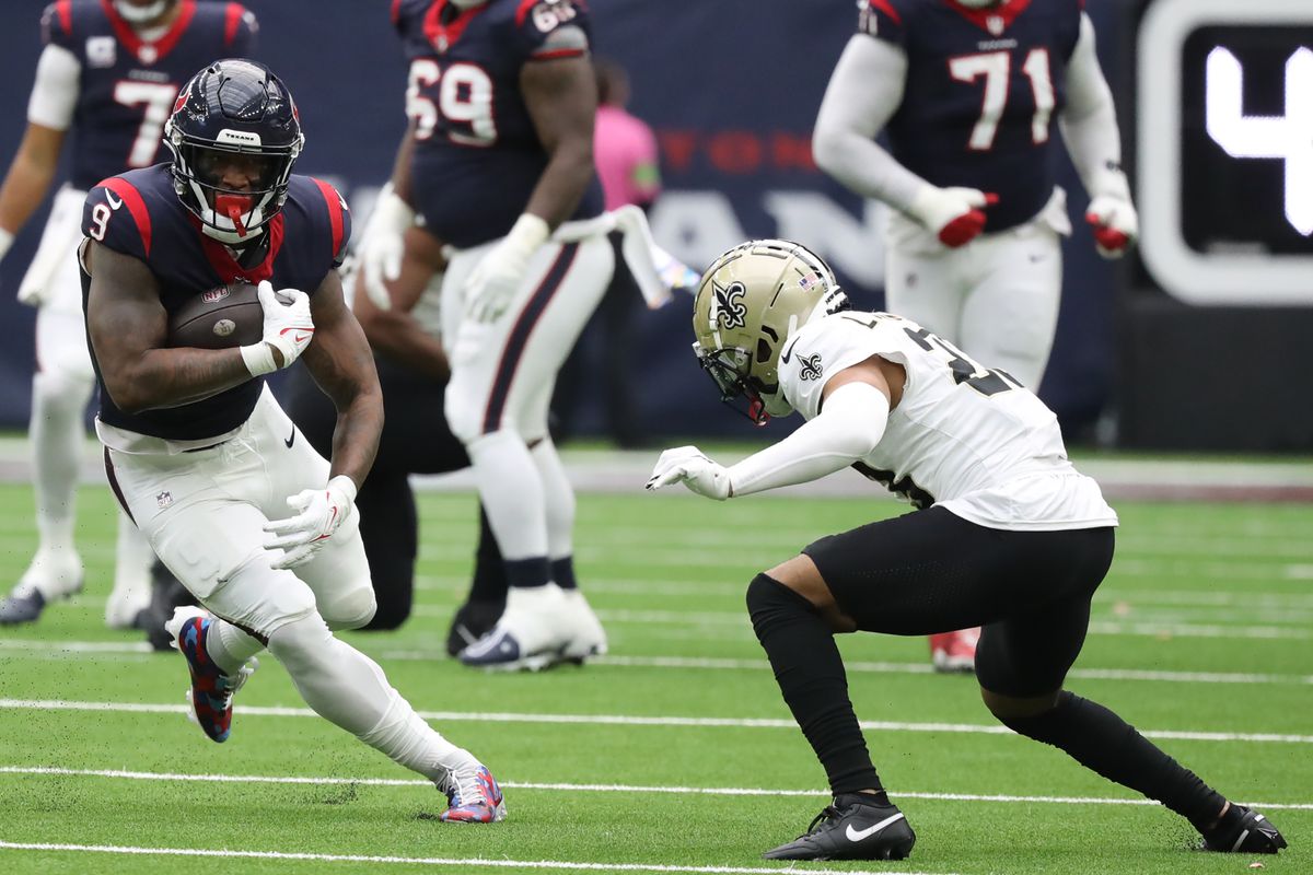 Brevin Jordan of the Houston Texans runs with the ball during the second quarter against the New Orleans Saints at NRG Stadium on October 15, 2023 in Houston, Texas.