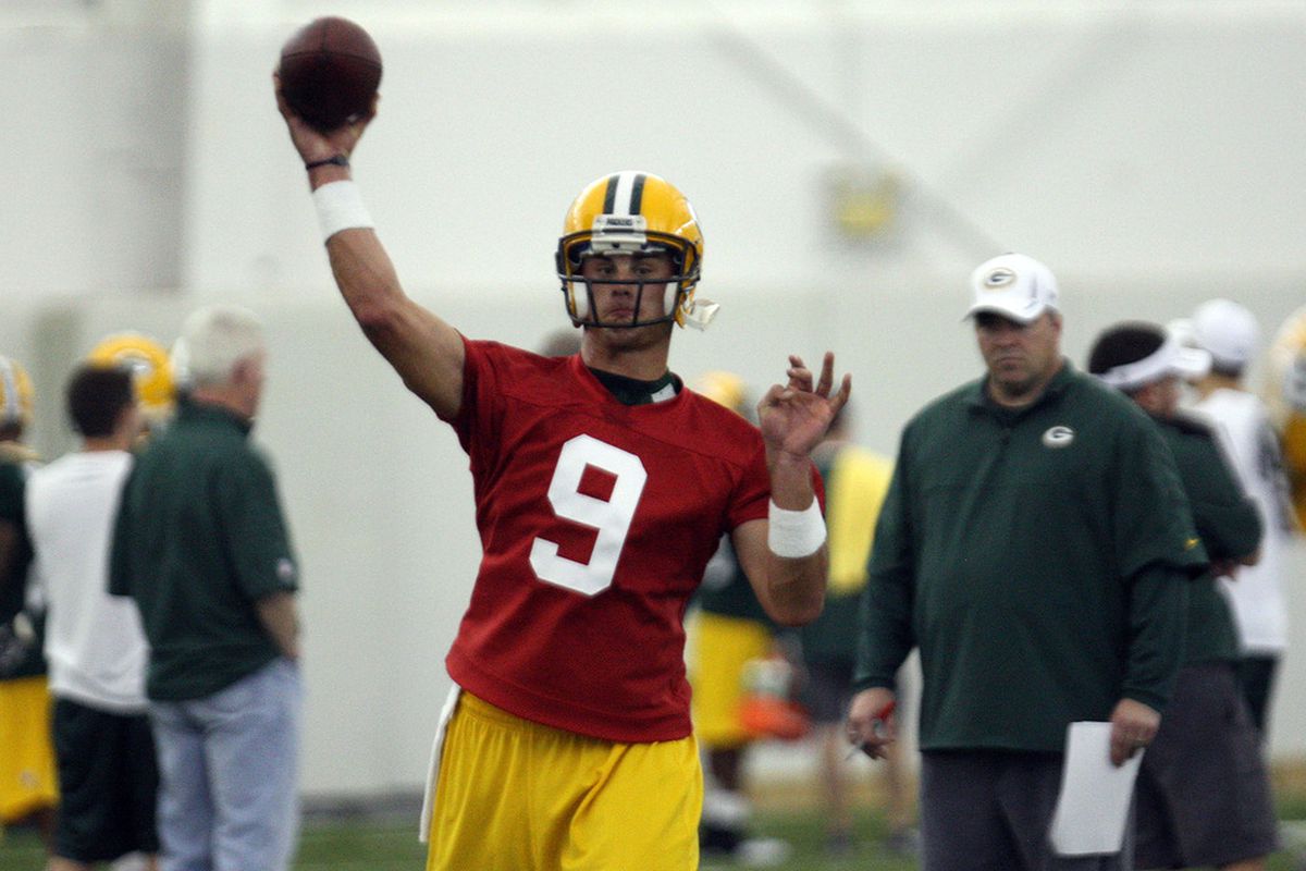 May 11, 2012; Green Bay, WI, USA; Green Bay Packers rookie quarterback B.J. Coleman (9) throws a pass during the Green Bay Packers mini-camp at the Don Hutson Center. Mandatory Credit: Mary Langenfeld-US PRESSWIRE