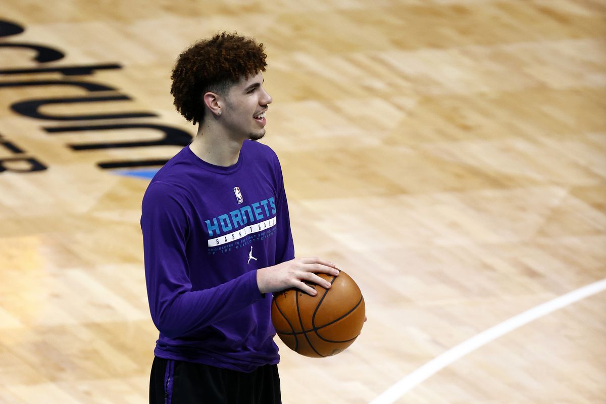 LaMelo Ball of the Charlotte Hornets warms up prior to their game against the Milwaukee Bucks at Spectrum Center on April 27, 2021 in Charlotte, North Carolina.