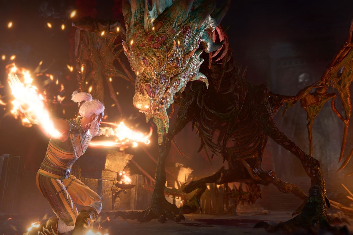 A fire-casting mage battles a decomposing dragon in a screenshot from Baldur’s Gate 3