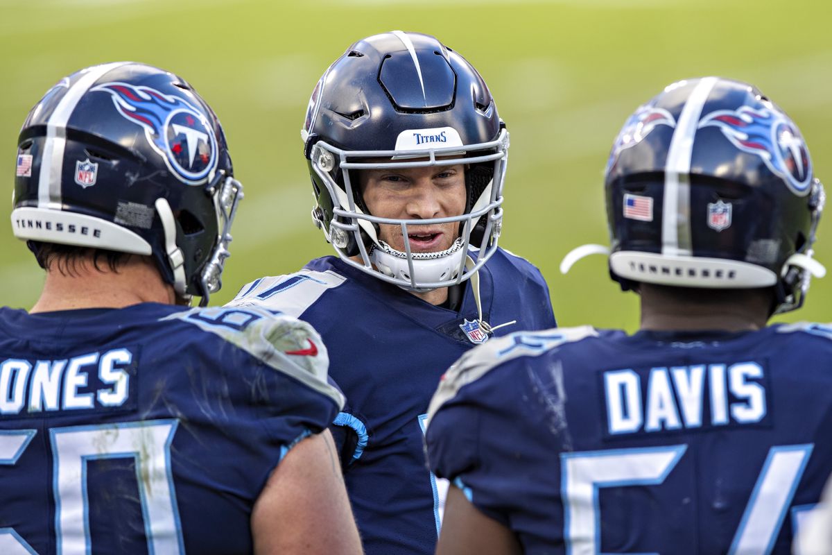 Quarterback Ryan Tannehill #17 of the Tennessee Titans talks with his offensive line on the sidelines during a game against the Detroit Lions at Nissan Stadium on December 20, 2020 in Nashville, Tennessee. The Titans defeated the Lions 46-25.