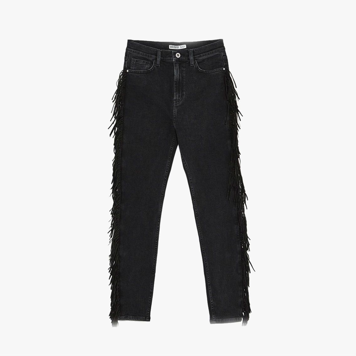 Black high-waisted jeans with black fringe on sides.