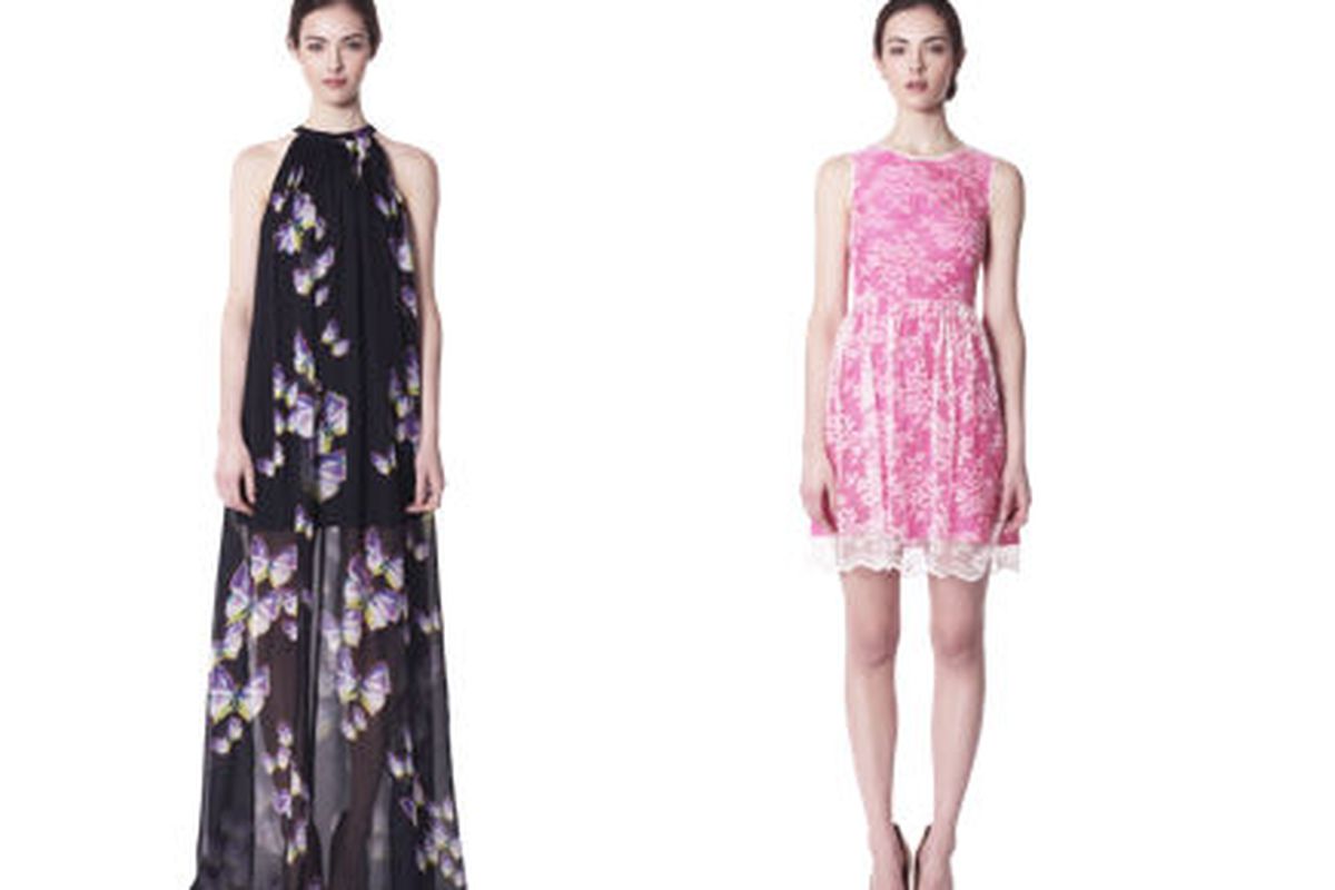 <a href="http://www.erinfetherston.com/shop/spring-final-sale/peek-a-boo-hem-halter-maxi-dress.html">Peekaboo Hem Halter Maxi</a>, $243 (was $695) and <a href="http://www.erinfetherston.com/shop/spring-final-sale/sleeveless-fitted-waist-dress.html">