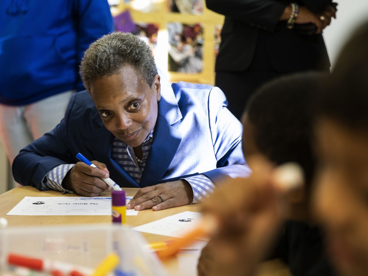 Chicago Mayor Lori Lightfoot visits with Chicago Public Schools students at the McCormick YMCA Thursday Oct. 17, 2019. Chicago teachers went on strike Thursday after failing to reach a contract deal with the nation’s third-largest school district.
