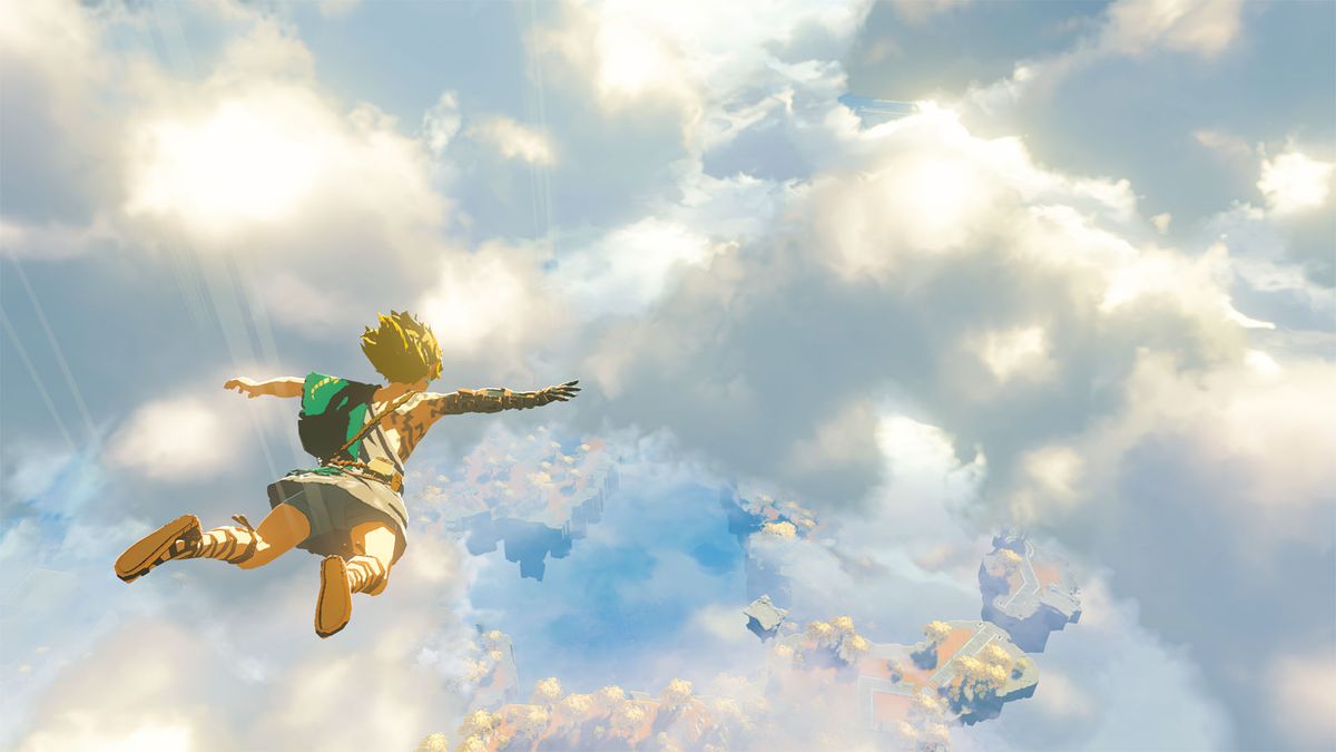 The character Link in The Legend of Zelda game freefalls through clouds toward the ground.