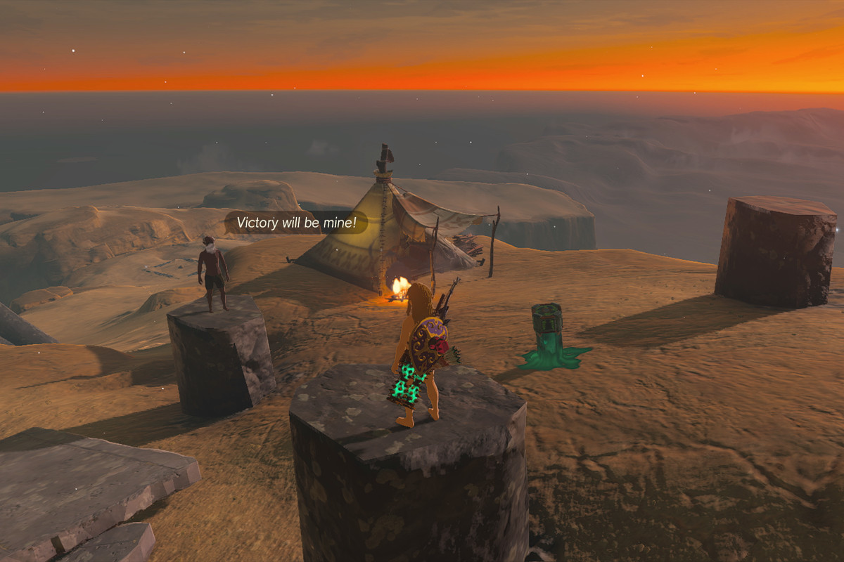 An image shows Link and another character standing on top of a mountain in the desert. The sun is setting and they are both standing there with no clothes. The other character has a dialog box that says, “Victory will be mine!”