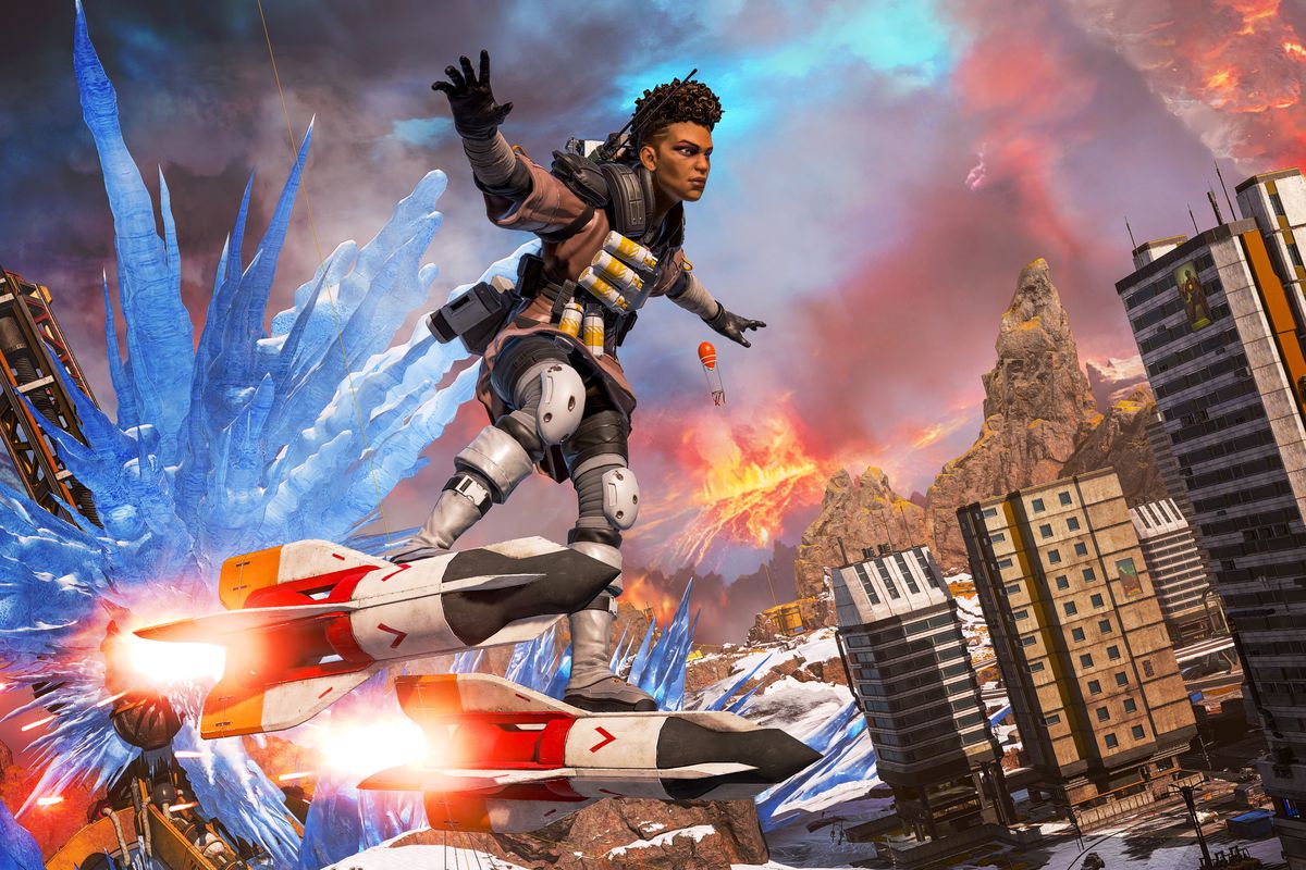 Bangalore rides on a pair of rockets in a screenshot from Apex Legends