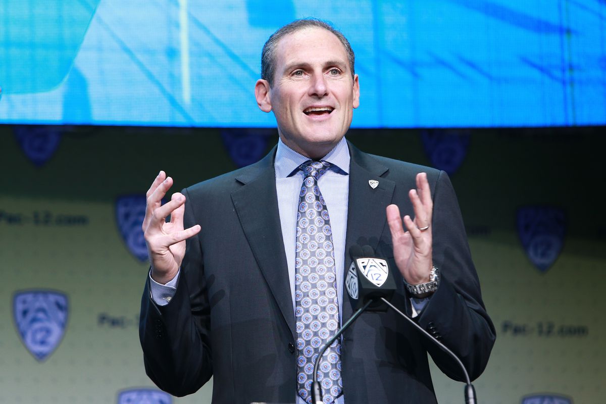 PAC12 Commissioner Larry Scott speaks to the media during PAC12 Media Days on July 26, 2017 in Hollywood, California.