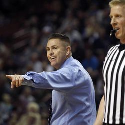 Dixie head coach Ryan Cuff points as Desert Hills and Dixie play in the 3A boys basketball semifinals at the Maverik Center in West Valley City Friday, Feb. 27, 2015.