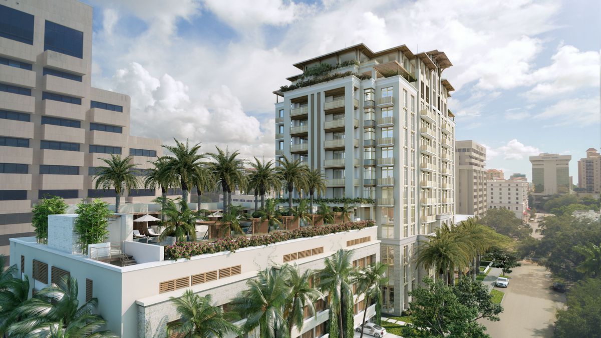 Computer graphic of a proposed high-end condo building with rooftop pool in the Miami area.