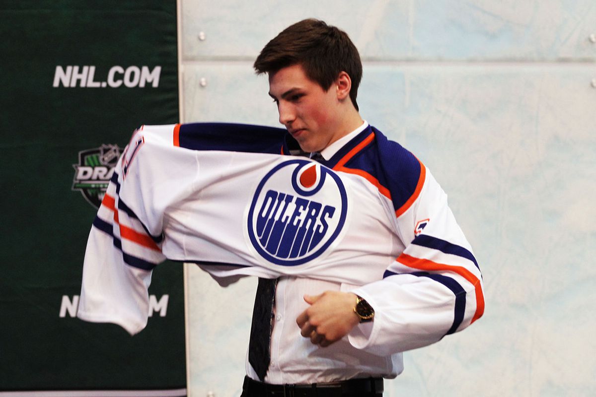 Nugent-Hopkins was the first Oiler to put on the new retro themed jersey that goes on sale today.