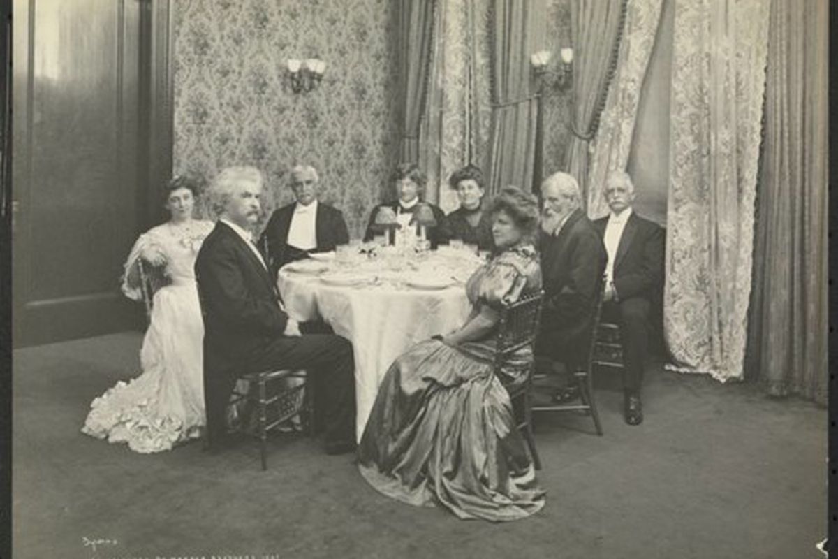 Delmonico's dinner for Mark Twain, by Byron Company, 1905. From the Collections of the Museum of the City of New York. [<a href="http://collections.mcny.org/MCNY/C.aspx?VP3=CMS3&amp;VF=MNY_HomePage#/ViewBox_VPage&amp;VBID=24UP1GQJMD_T&amp;IT=ZoomIma