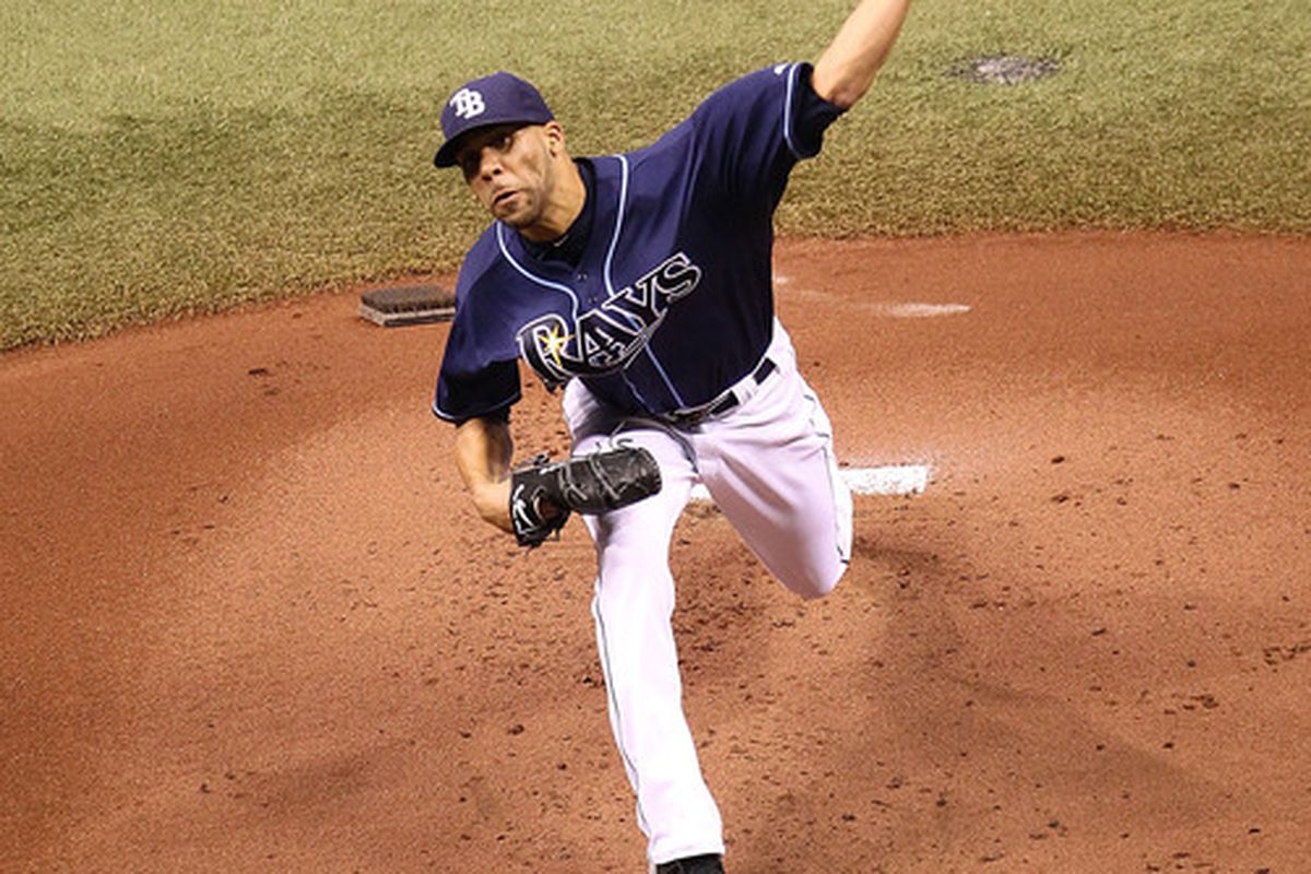 ST. PETERSBURG, FL - OCTOBER 12:  David Price #14 of the Tampa Bay Rays pitches during Game 5 of the ALDS against the Texas Rangers at Tropicana Field on October 12, 2010 in St. Petersburg, Florida.  (Photo by Mike Ehrmann/Getty Images)