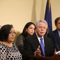 Sen. Gene Davis, D-Salt Lake City, holds a news conference to call for full Medicaid expansion in Utah at the Capitol in Salt Lake City on Wednesday, March 9, 2016. Standing with Sen. Davis is Sen. Jim Dabakis, D-Salt Lake City, left, Rep. Rebecca Chavez-Houck, D-Salt Lake City, Sen. Luz Escamilla, D-Salt Lake City, and Rep. Brian King, D-Price.