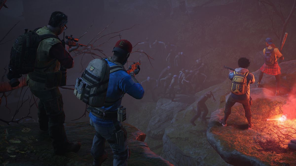 Human survivors aim at a swarm of zombies in a screenshot from Back 4 Blood