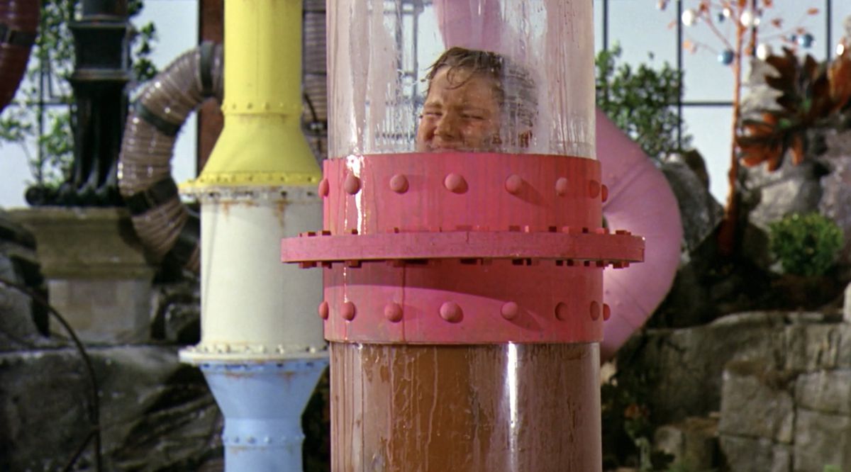 Augustus Gloop stuck in a tube in Willy Wonka and the Chocolate Factory