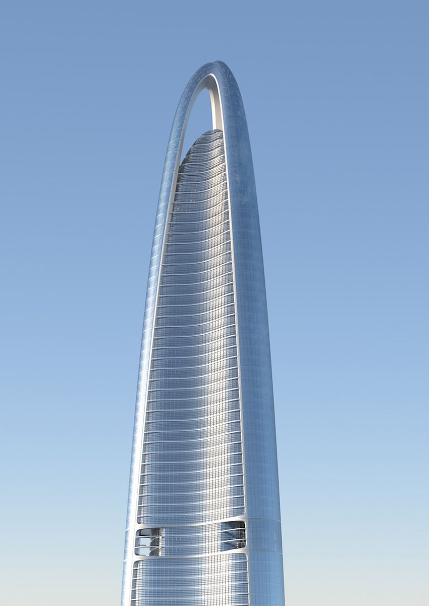 The top of the Wuhan Greenland Center which is a tall skyscraper.