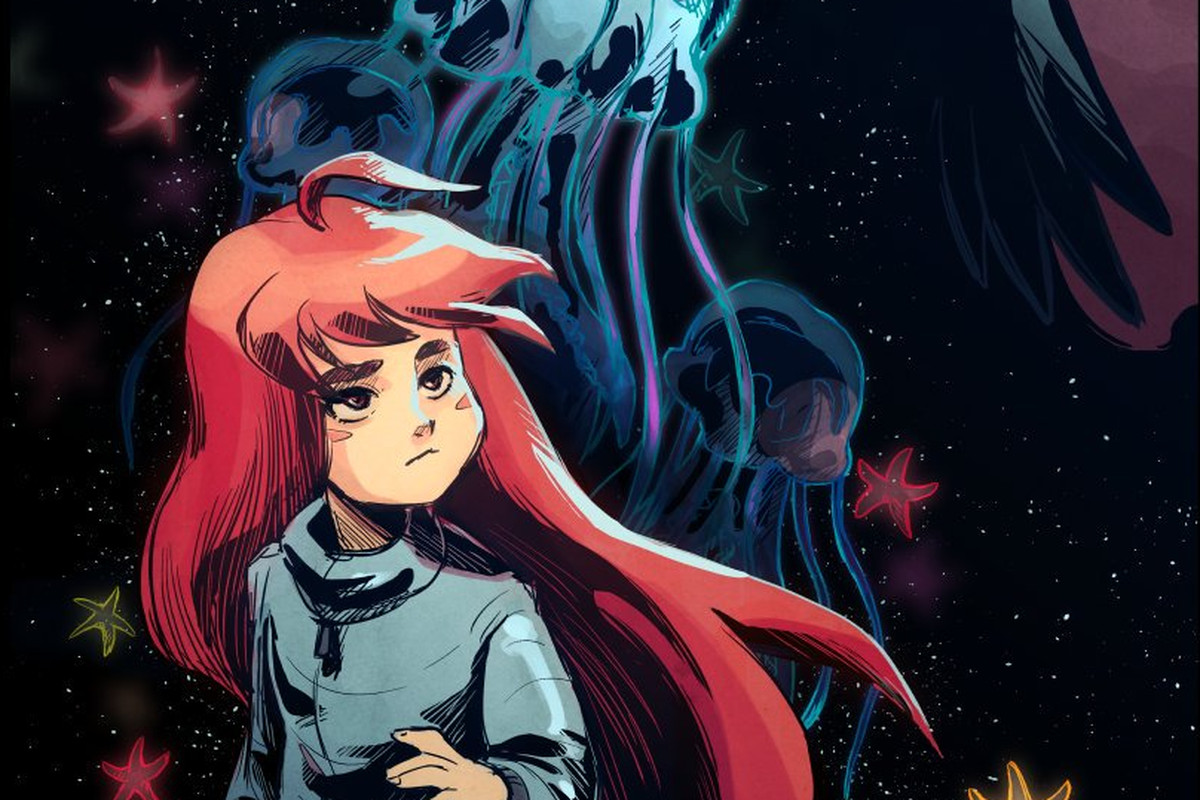 Concept art of Celeste showing the title character with jellyfish-like creatures in the background