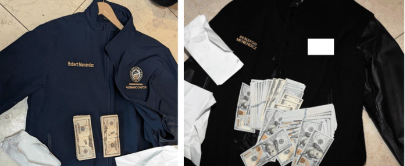 A picture from the indictment showing jackets labeled “Robert Menendez” and “Senator Menendez” with envelopes of cash.