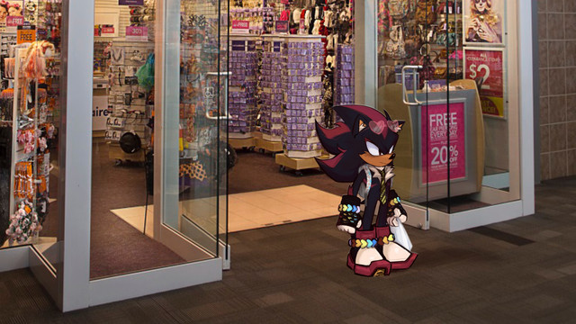 An image of a drawn Shadow the Hedgehog walking out of a Claire’s mall store. Shadow is drawn on top of an image of the storefront