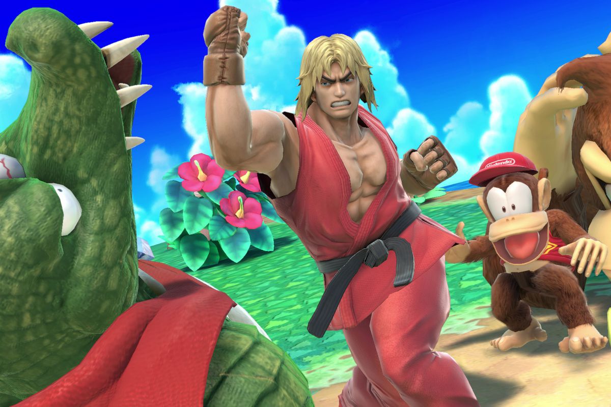 Ken from Street Fighter uppercuts King K. Rool in a screenshot from Super Smash Bros. Ultimate.