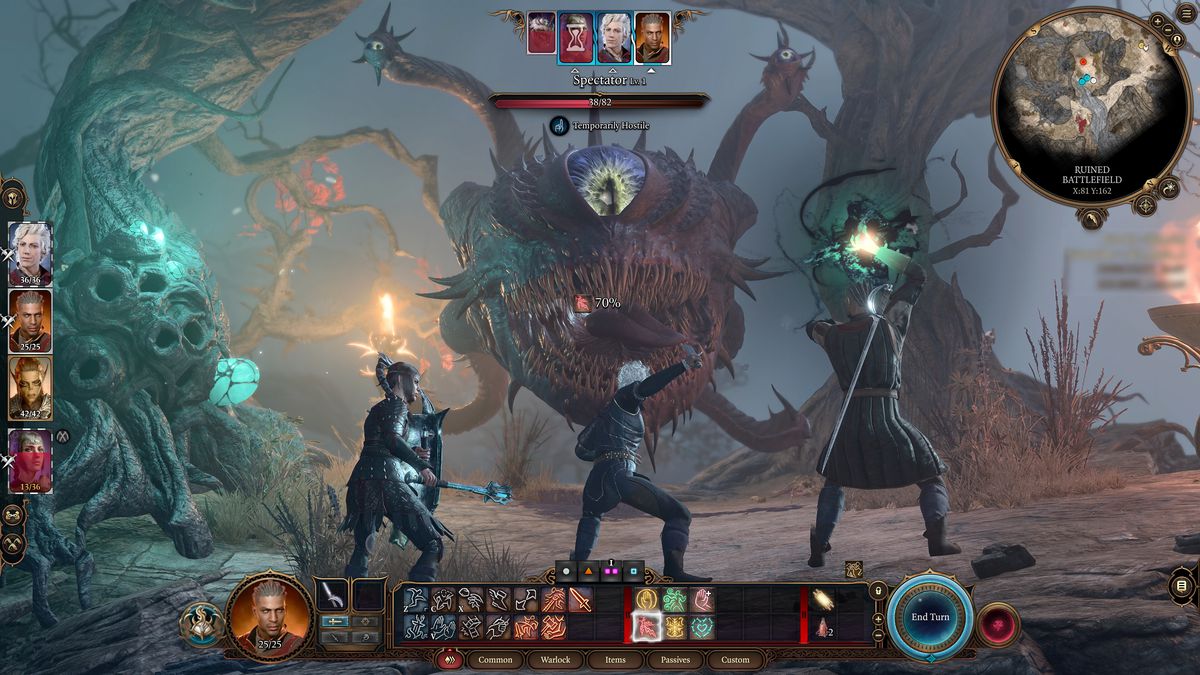 Astarion, Wyll, Shadowheart, and Gale confront a giant one-eyed monster in Baldur’s Gate 3