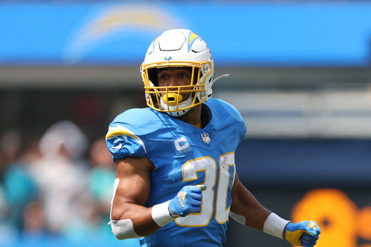 Austin Ekeler #30 of the Los Angeles Chargers comes in motion during a 36-34 loss to the Miami Dolphins at SoFi Stadium on September 10, 2023 in Inglewood, California.