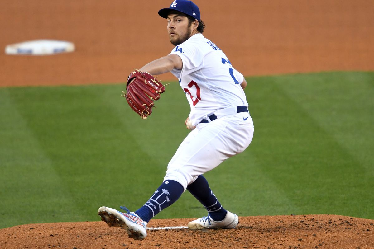 Los Angeles Dodgers starting pitcher Trevor Bauer in the third inning of the game against the San Diego Padres at Dodger Stadium.