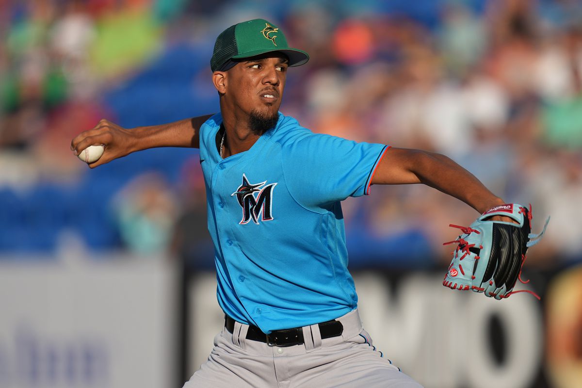 Miami Marlins pitcher Eury Perez pitches against the New York Mets in the first inning at Clover Park. Mandatory Credit: Jim Rassol
