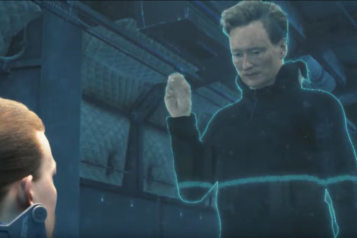 screenshot of Conan O’Brien making a cameo in Death Stranding as a holographic message to the player character
