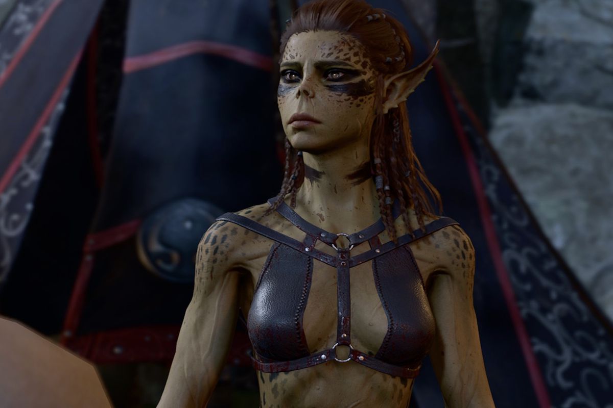 Lae’zel frowns while talking to the player character in Baldur’s Gate 3.