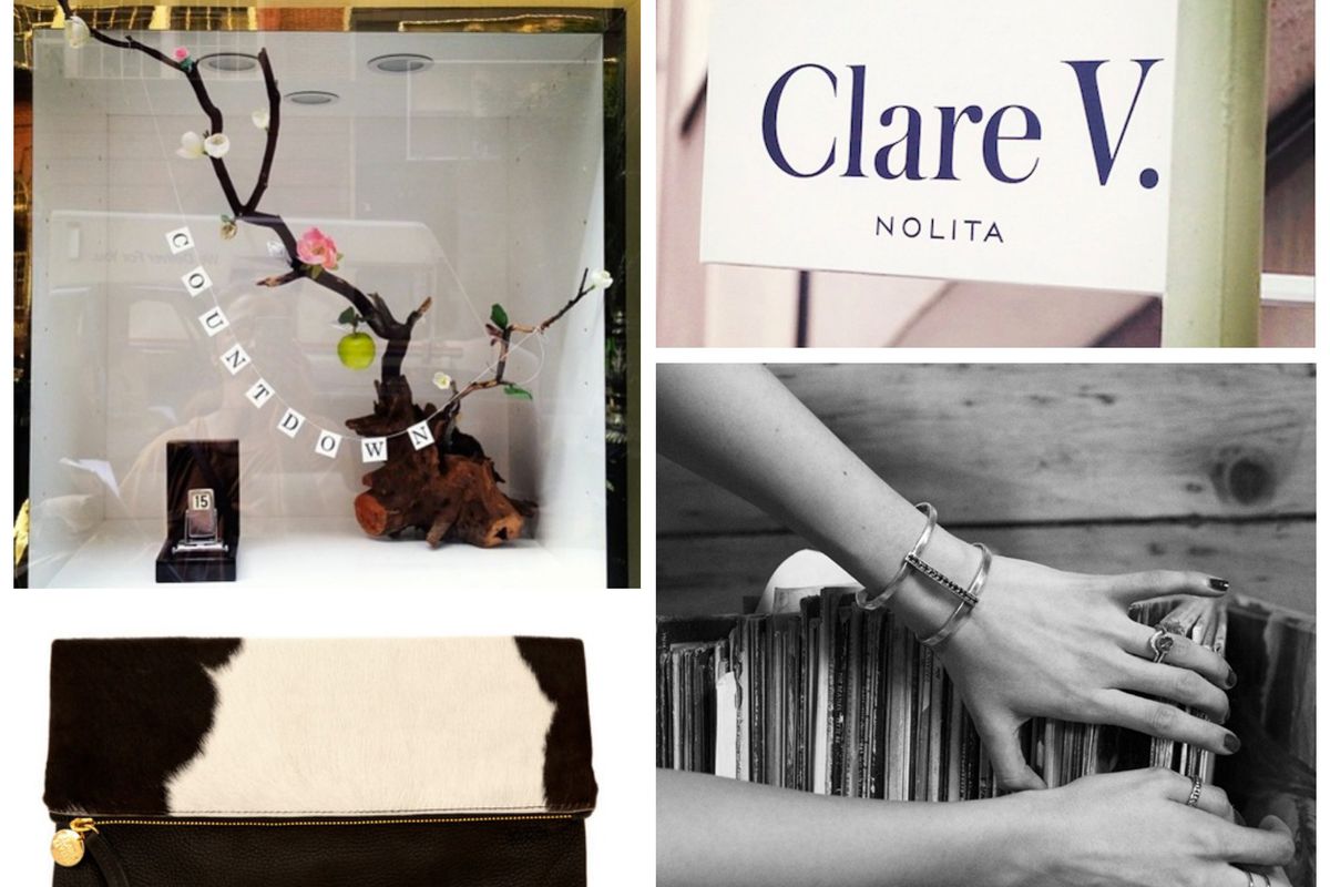 Clockwise: Anna Sheffield's <a href="http://instagram.com/p/fDwIPfot2O/">storefront</a>, Clare Vivier's <a href="https://www.facebook.com/photo.php?fbid=655774477766298&amp;set=pb.181668711843546.-2207520000.1380294118.&amp;type=3&amp;theater">sign<