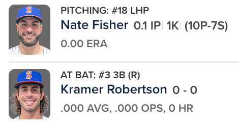 Gameday screenshot of Nate Fisher pitching against Kramer Robertson, both of them wearing Syracuse Mets hats even though Fisher is on the Knights and Robertson is on the Redbirds