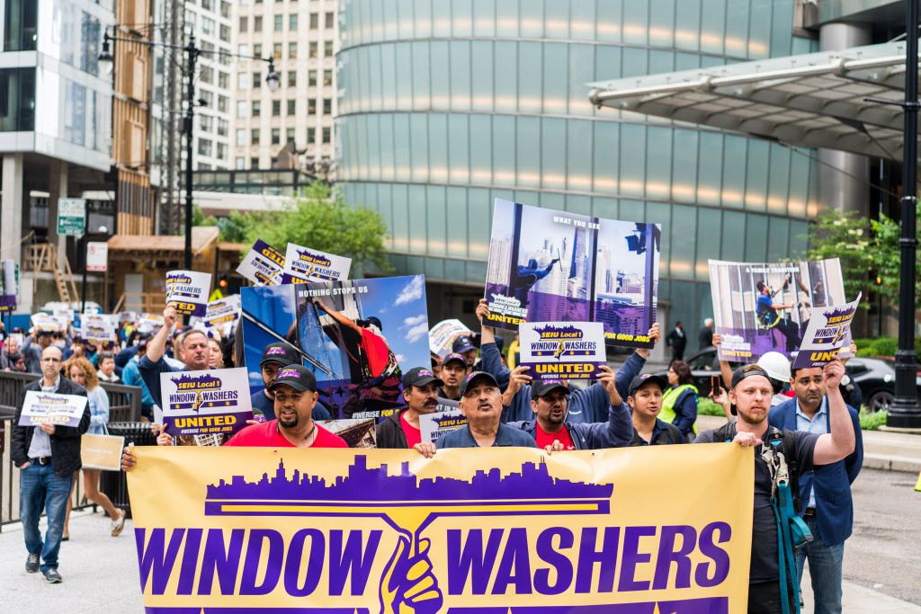 Chicago window washers march in front of Trump Tower, ready to strike on June 11, 2018. | Max Herman/For the Sun-Times
