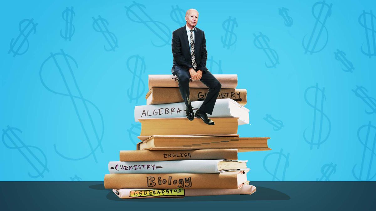 An illustration of President Joe Biden sitting atop a pile of school textbooks.