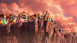 Una linea di personaggi di Smash Bros. si trova sul bordo di una scogliera in Super Smash Bros. Ultimate