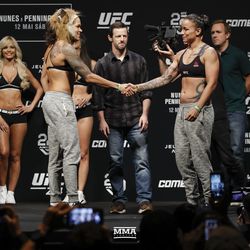 Amanda Nunes and Raquel Pennington shake hands at UFC 224 weigh-ins.