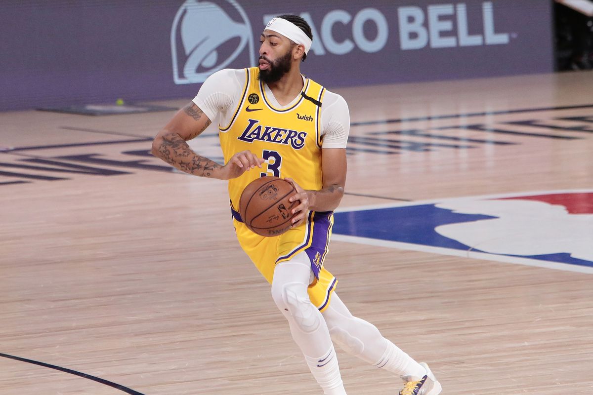Anthony Davis of the Los Angeles Lakers drives in the game against the Denver Nuggets in Game four of the Western Conference Finals of the 2020 Playoffs as part of the NBA Restart 2020 on September 24, 2020 at AdventHealth Arena at ESPN Wide World of Sports Complex in Orlando, Florida.
