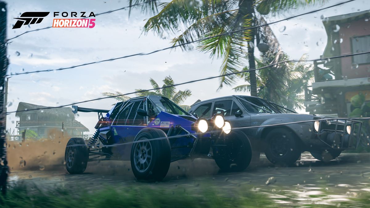 a buggy and an armored muscle car are neck and neck in a rainy Forza Horizon 5 race