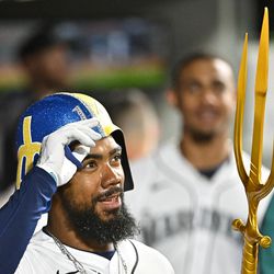 Teoscar Hernandez #35 of the Seattle Mariners looks on after hitting a two-run home run during the sixth inning against the St. Louis Cardinals at T-Mobile Park on April 22, 2023 in Seattle, Washington.