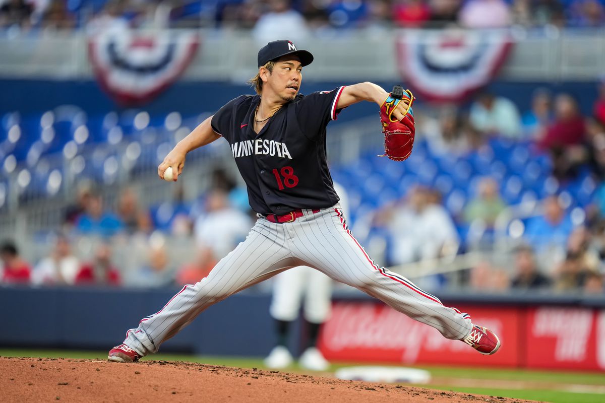 Kenta Maeda #18 of the Minnesota Twins pitches against the Miami Marlins on April 4, 2023 at loanDepot park in Miami, Florida.