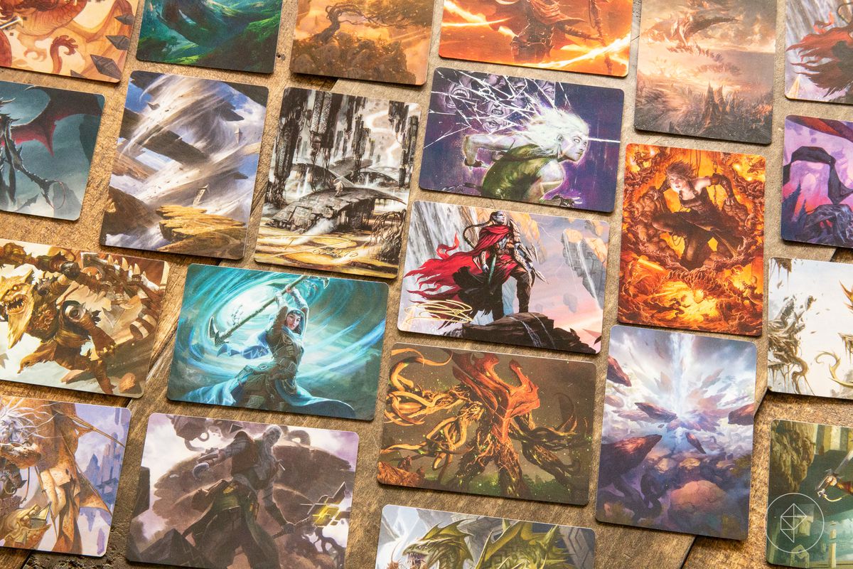 A collection of playing-card sized cards with art on them, drawn from the Zendikar Rising set of Magic: The Gathering cards.